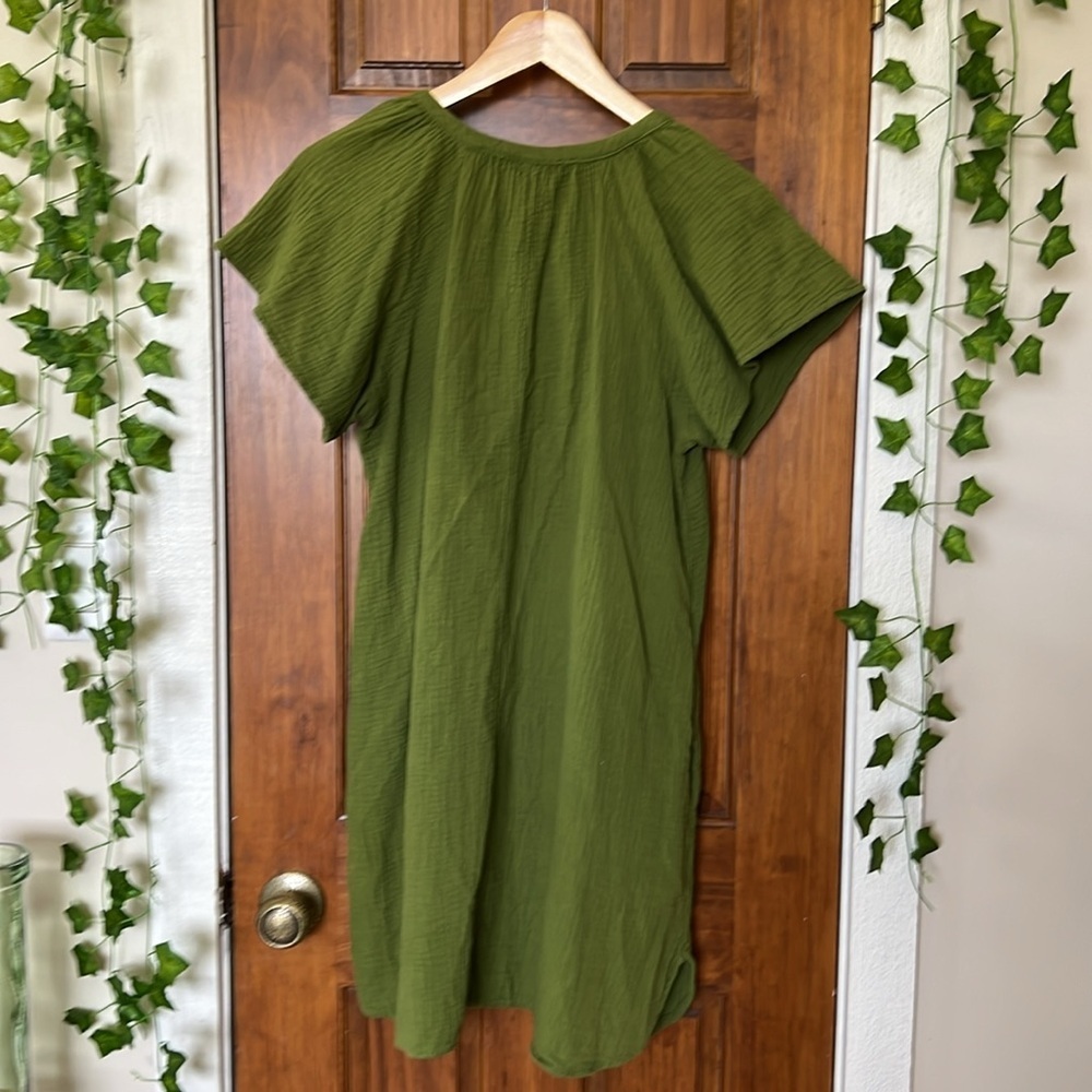 100% COTTON Gauzy Mini Dress with POCKETS in Olive Green | S - Picture 2 of 6